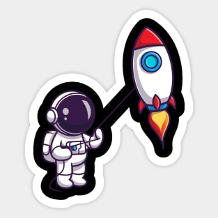 Cute Astronaut Playing Rocket Kite Cartoon Sticker
